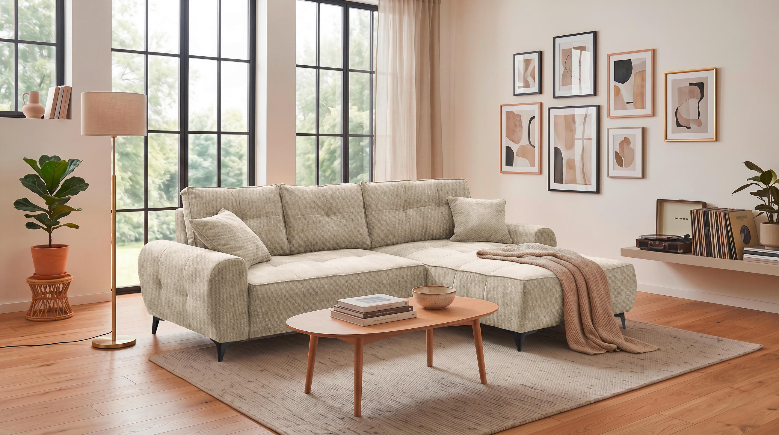 ECKSOFA Webstoff Beige  - Beige/Schwarz, Modern, Kunststoff/Textil (284/191cm) - MID.YOU