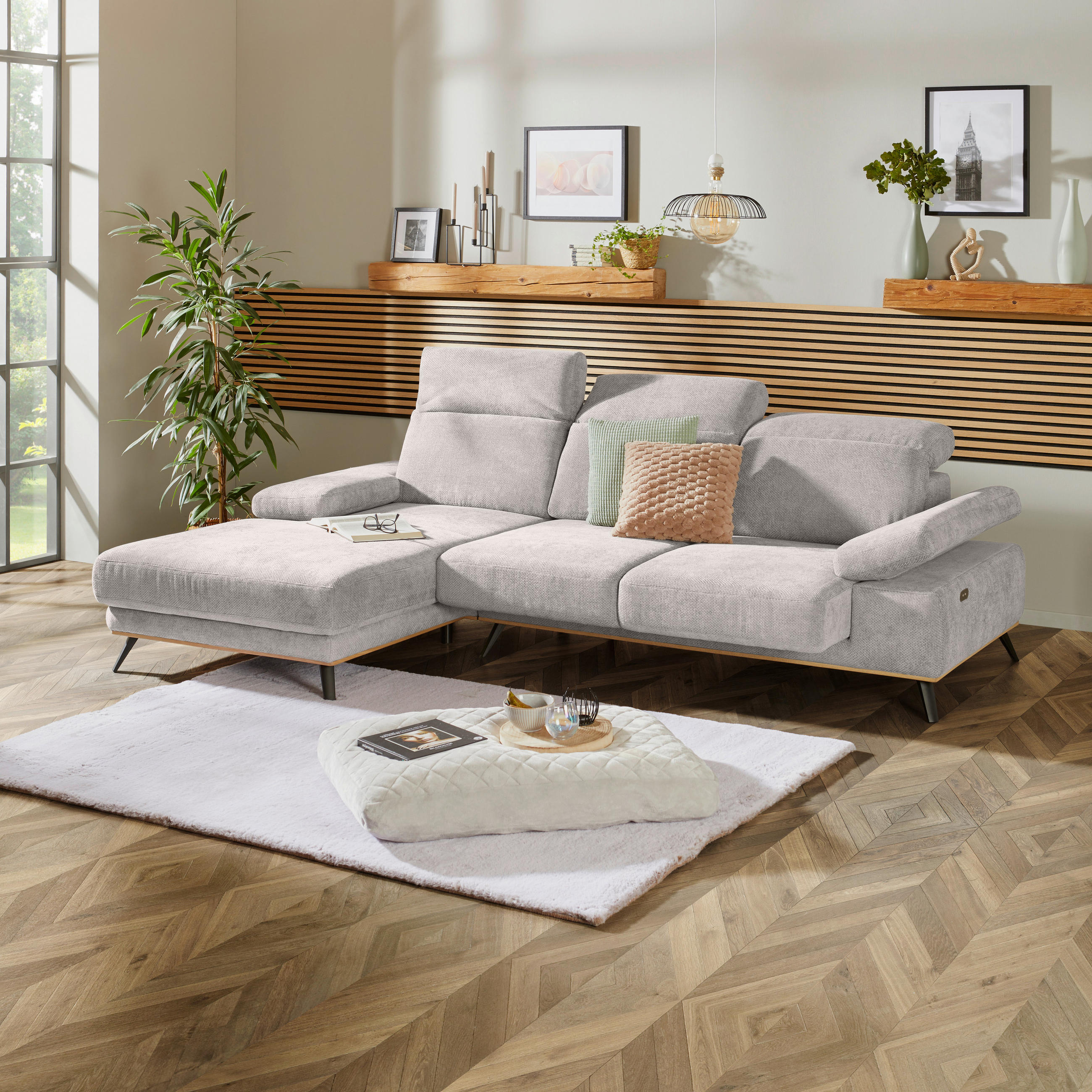 ECKSOFA ROYCE Perlmutt Struktur  - Perlmutt/Schwarz, MODERN, Textil/Metall (194/283cm) - MID.YOU