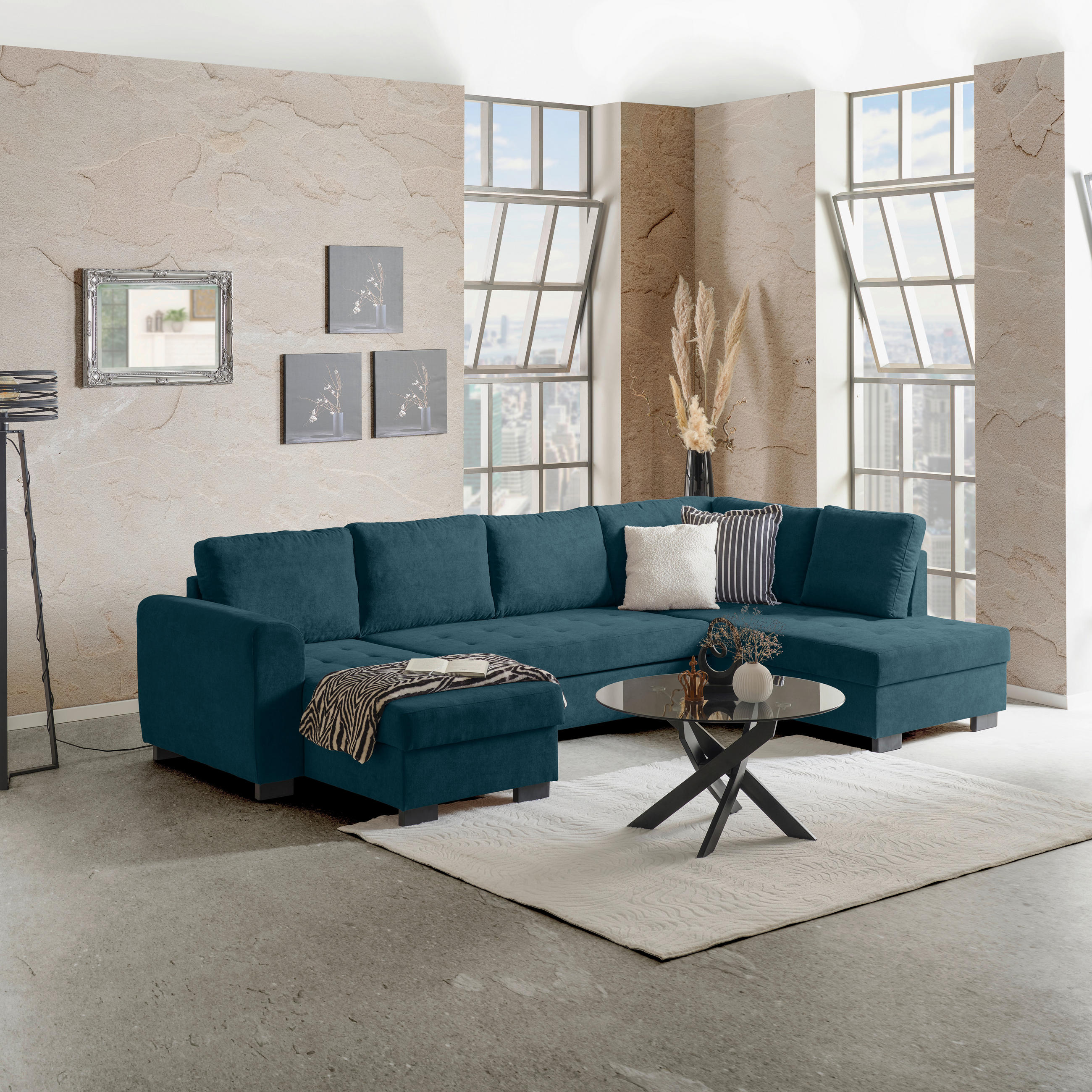 WOHNLANDSCHAFT Blau Mikrofaser  - Blau/Schwarz, MODERN, Kunststoff/Textil (155/305/178cm) - P & B