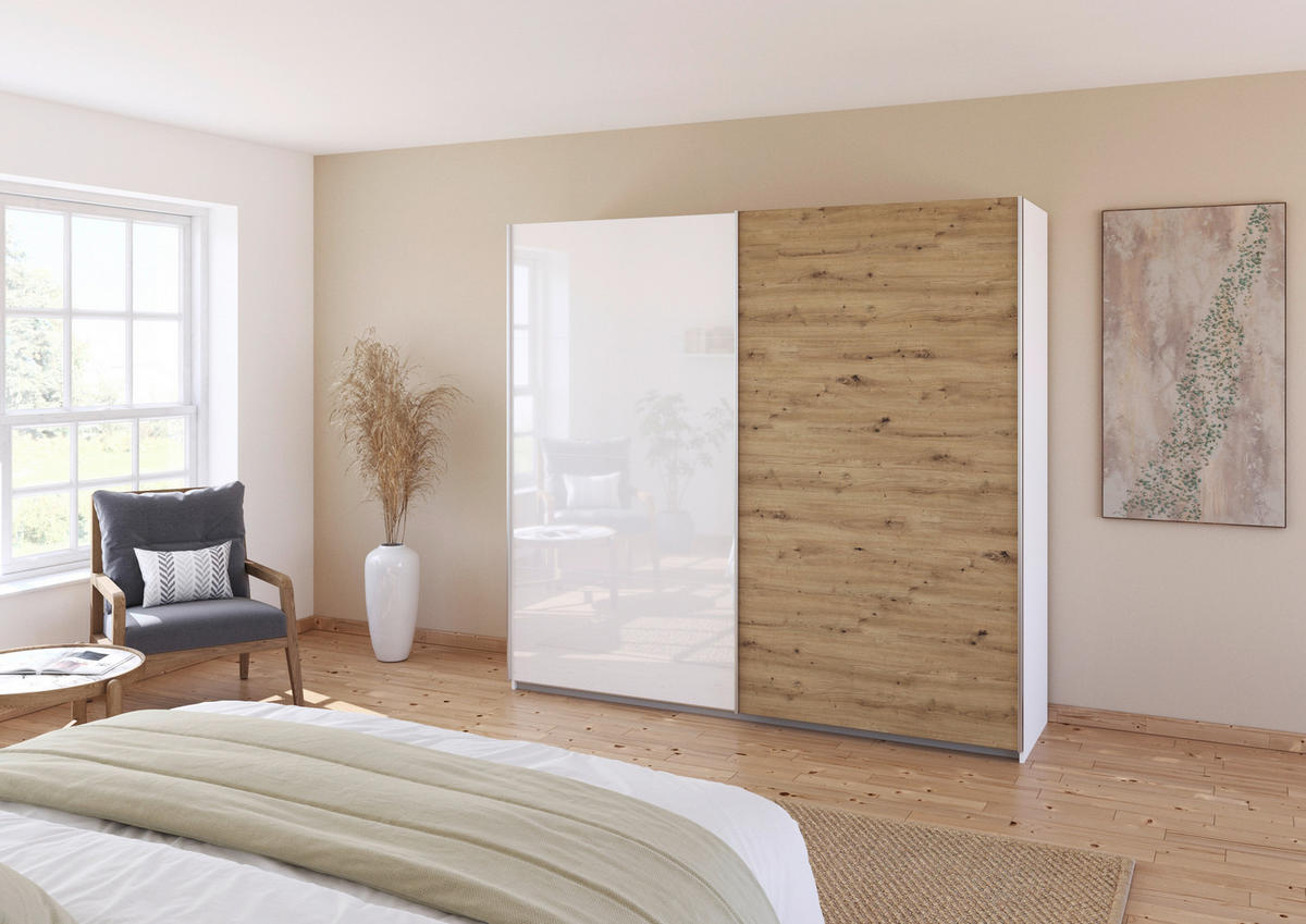 SCHWEBETÜRENSCHRANK  in Weiß, Eiche Artisan  - Alufarben/Weiß, KONVENTIONELL, Holzwerkstoff/Metall (225/210/62cm) - Xora