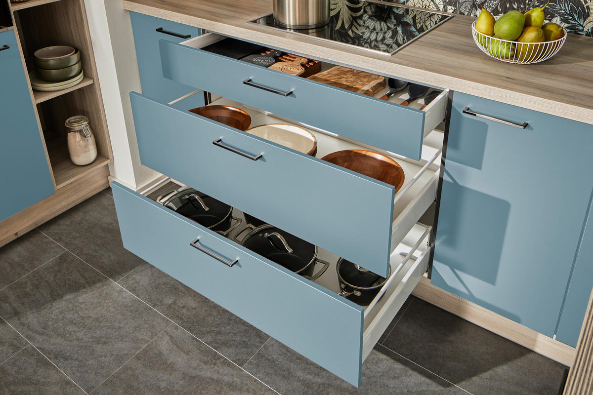 ECKKÜCHE  in Pastellblau, Tannenholzfarben  - Pastellblau/Tannenholzfarben, Design, Holzwerkstoff/Metall (121,6/280/150cm) - Xora