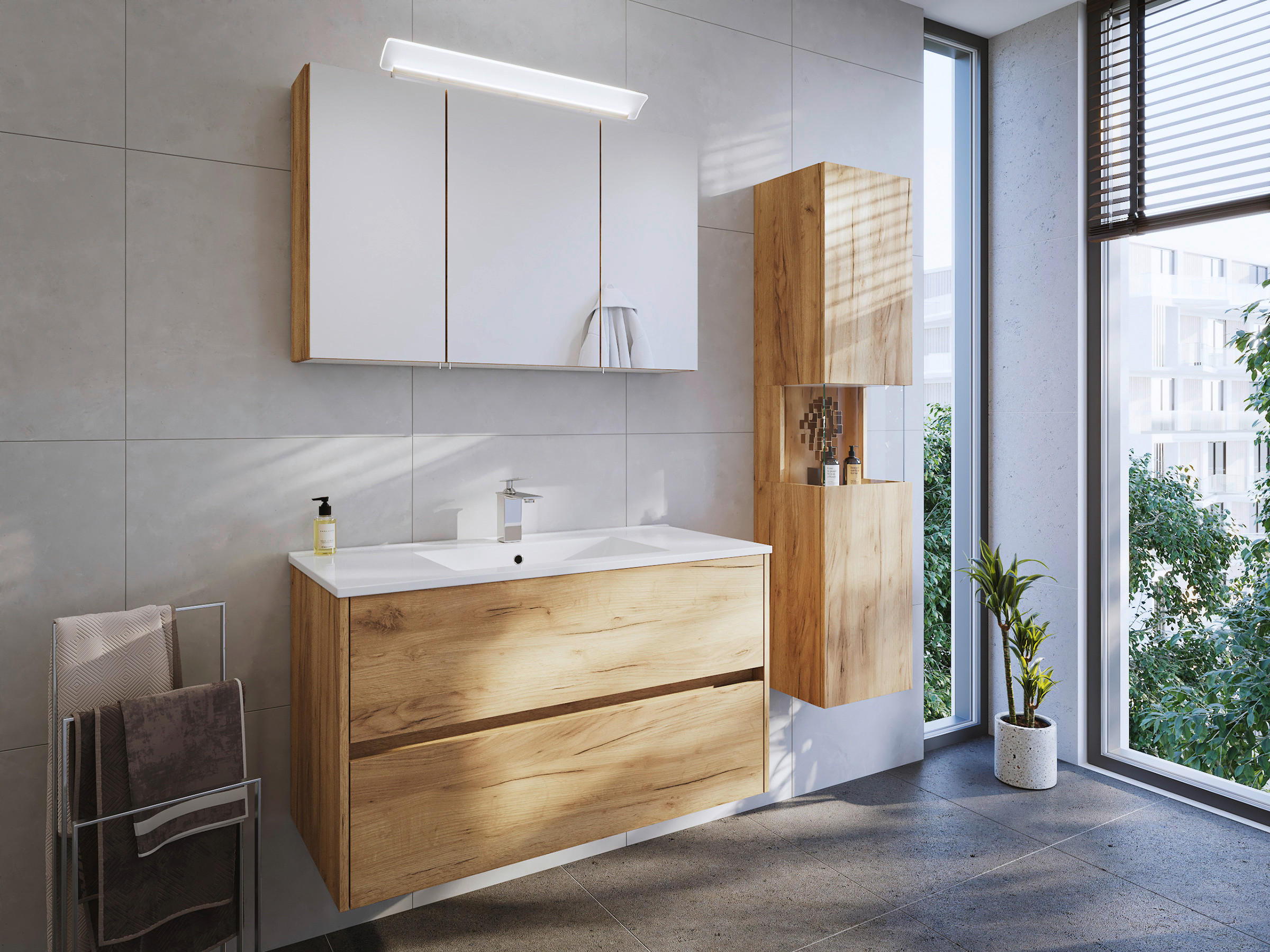 BADEZIMMER 3-teilig  in 100 cm  - Eichefarben/Weiß, Basics, Keramik/Holzwerkstoff (100cm) - MID.YOU