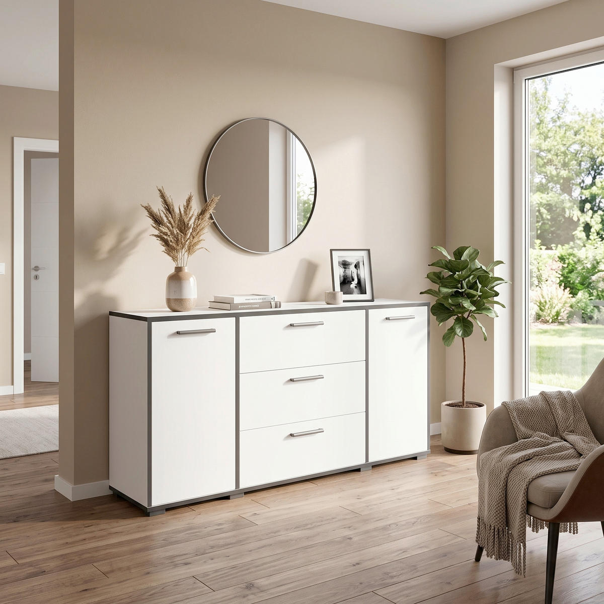 Sideboard Bogota Bogota 150/68/40 cm 3 Schublade(n)  - Weiß Hochglanz/Graphitfarben, Basics, Holzwerkstoff/Kunststoff (150/68/40cm) - P & B