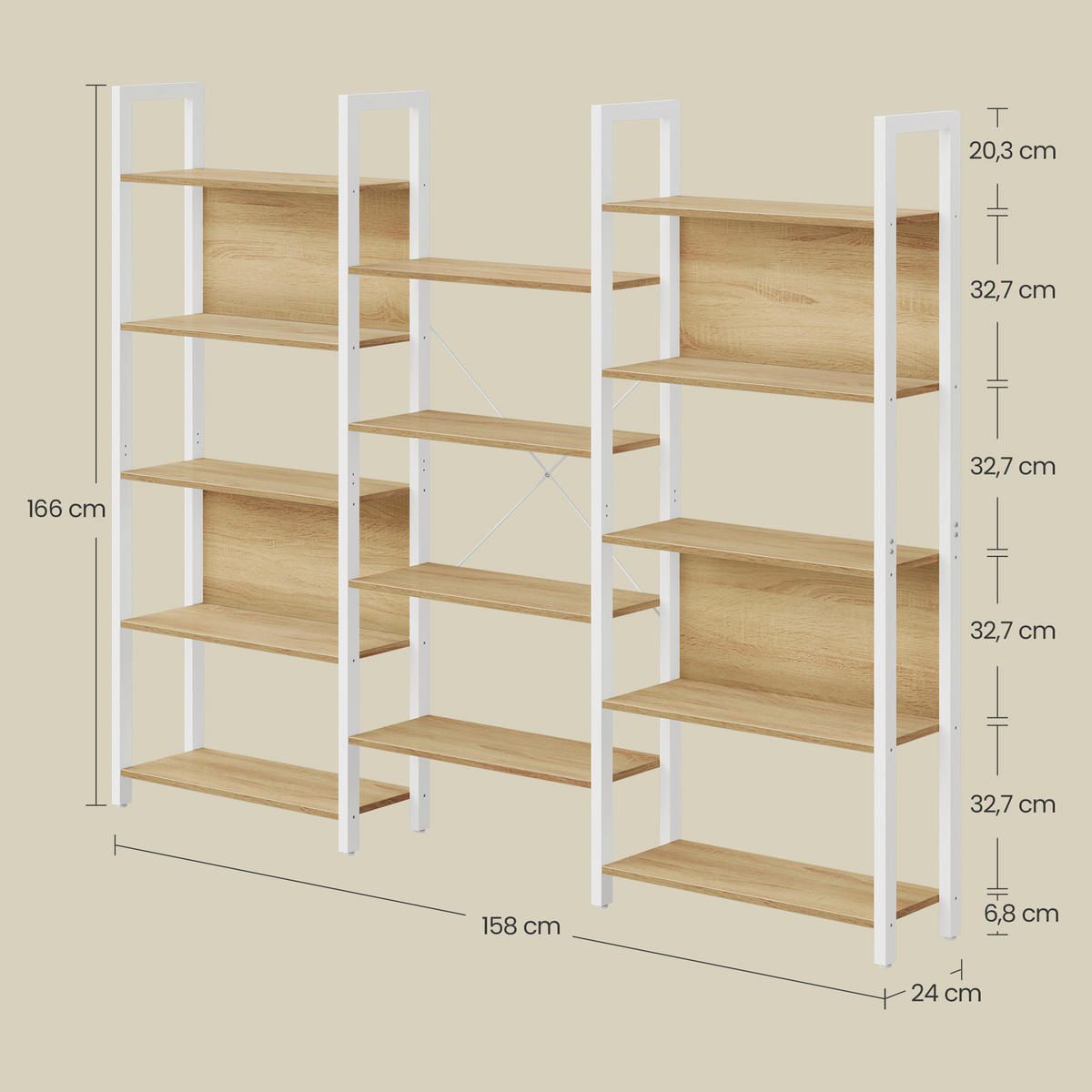 BÜCHERWAND Weiß, Eichefarben  - Eichefarben/Weiß, Trend, Holzwerkstoff/Metall (158/166/24cm) - Boxxx