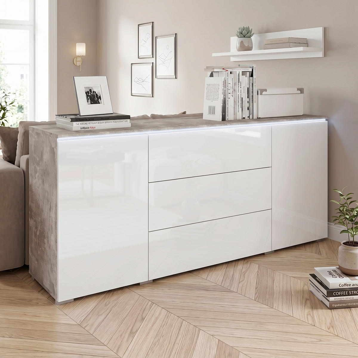 SIDEBOARD Vera 150/67,9/39,5 cm 3 Schublade(n)  - Weiß Hochglanz/Grau, LIFESTYLE, Holzwerkstoff/Kunststoff (150/67,9/39,5cm) - P & B