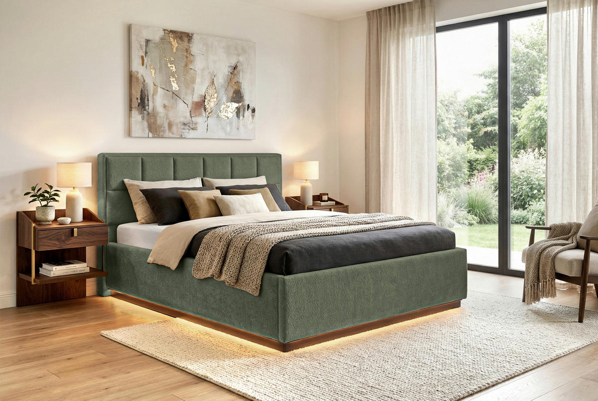 POLSTERBETT 140/200 cm,  in Grün, gepolstertes Kopfteil, Beleuchtung, Lattenrost, Bettkasten,  - Birkefarben/Schwarz, Design, Holz/Holzwerkstoff (140/200cm) - Chameo