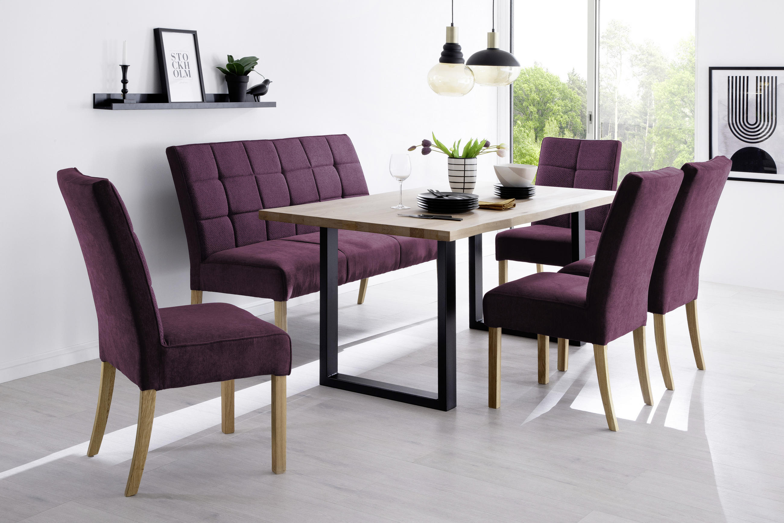SITZBANK 150/97/69 cm Velours Eichefarben, Bordeaux Eiche massiv  - Eichefarben/Bordeaux, Natur, Holz/Textil (150/97/69cm) - MID.YOU