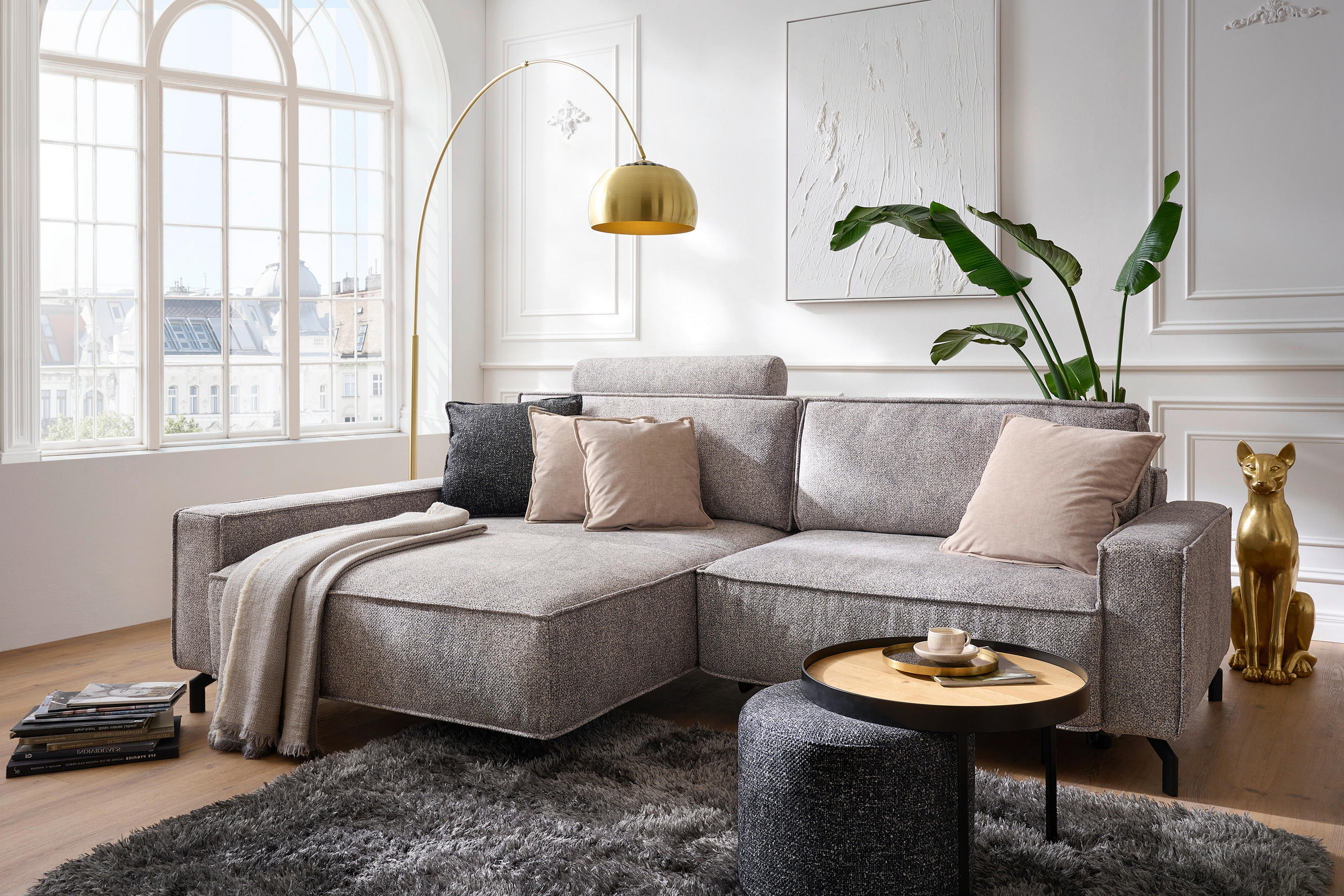 ECKSOFA in Mikrofaser Naturfarben  164/246 cm  - Schwarz/Naturfarben, Design, Textil/Metall (164/246cm) - Sedda