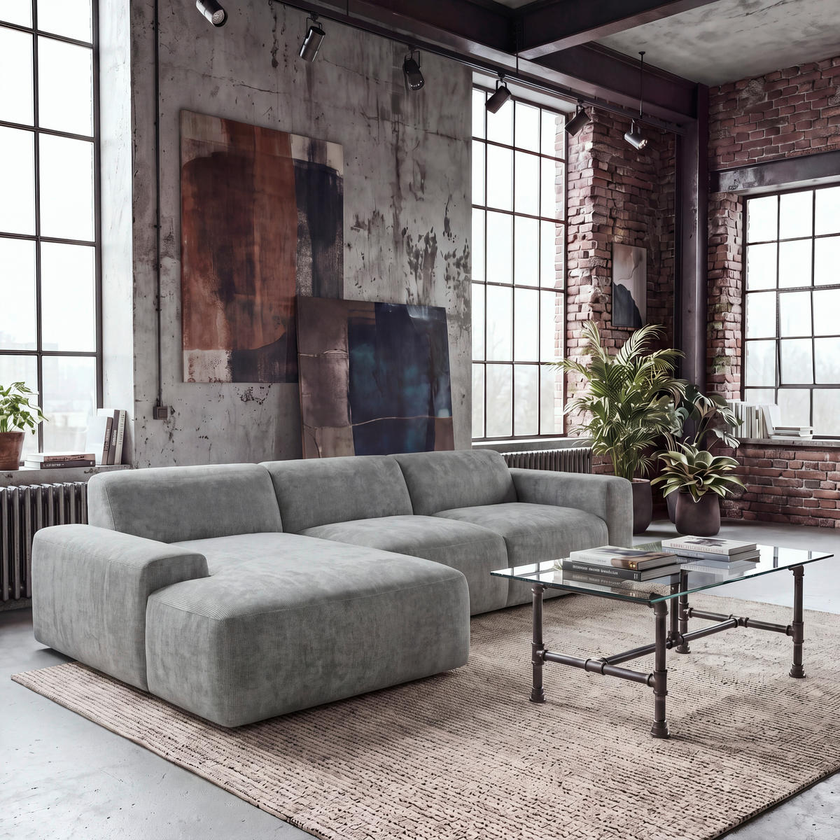 ECKSOFA HANNAH Hellgrau Cord  - Hellgrau/Schwarz, Design, Kunststoff/Textil (170/343cm) - MID.YOU