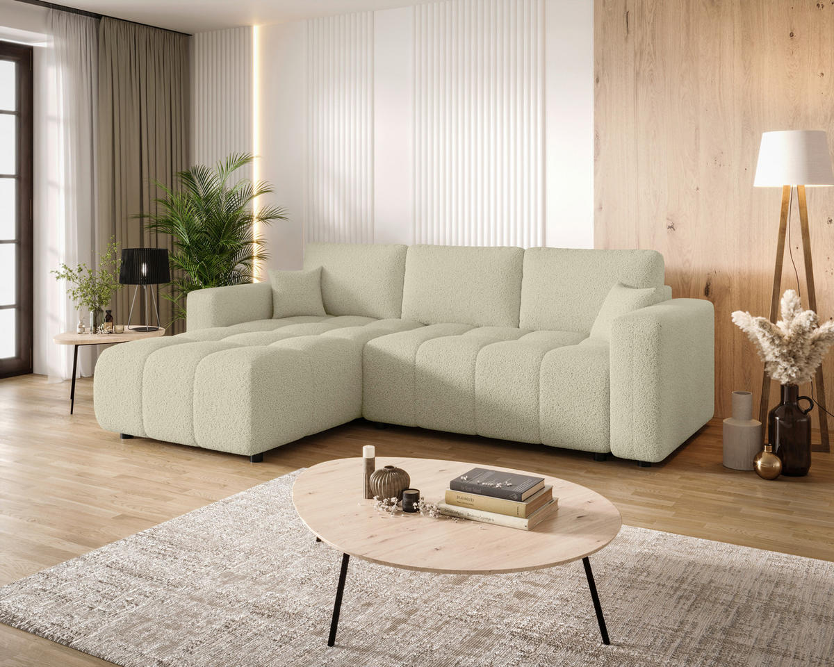ECKSOFA Beige Bouclé Zierkissen, Rückenkissen, Bettkasten, Schlaffunktion, Rücken echt, Liegefläche im Originalstoff  - Beige/Schwarz, MODERN, Kunststoff/Textil (190/280cm) - Carryhome