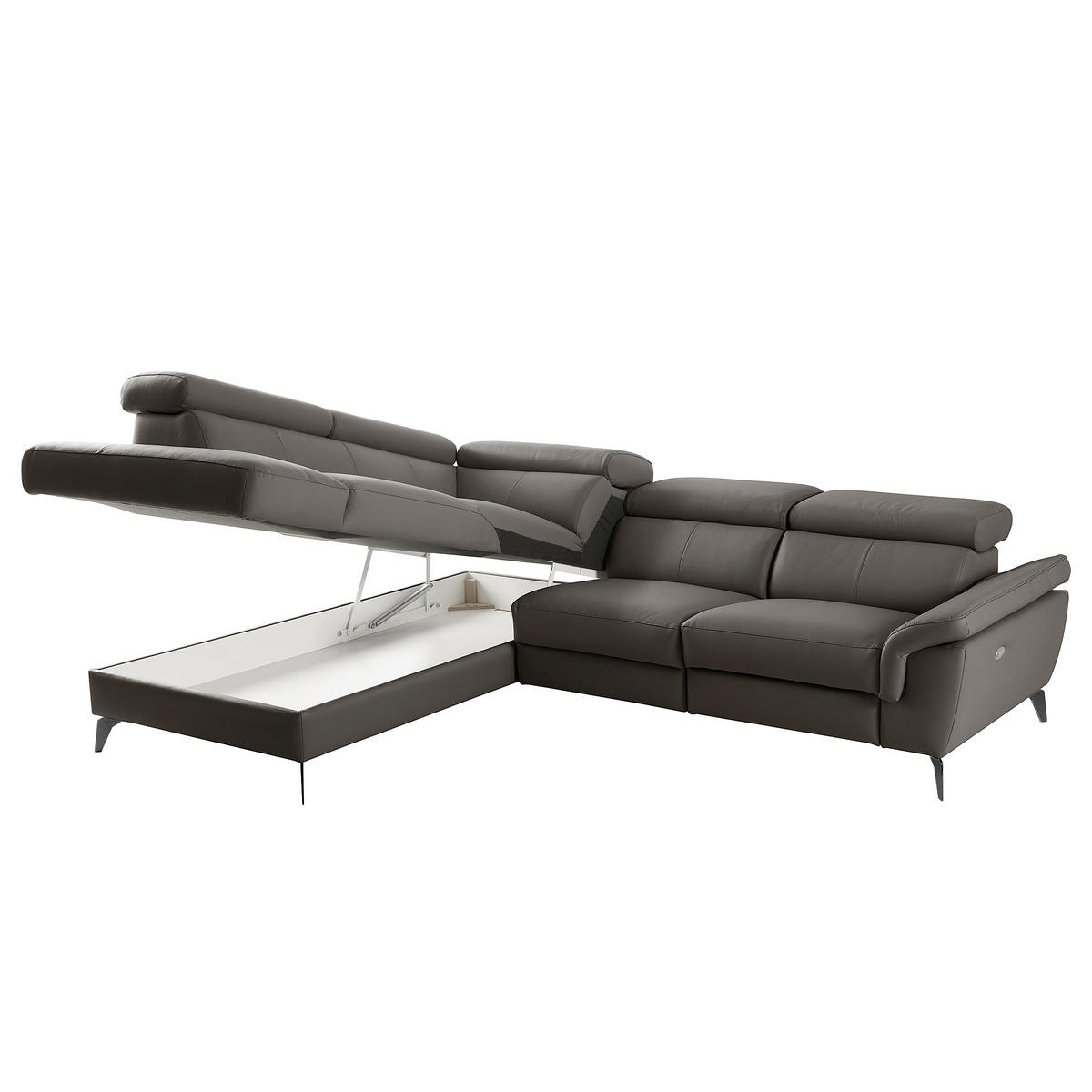 ECKSOFA SONO in Lederlook Echtleder Dunkelbraun Bettkasten, Armteilverstellung, Kopfteilverstellung  210/265 cm  - Dunkelbraun/Schwarz, Design, Leder/Textil (210/265cm) - Livetastic