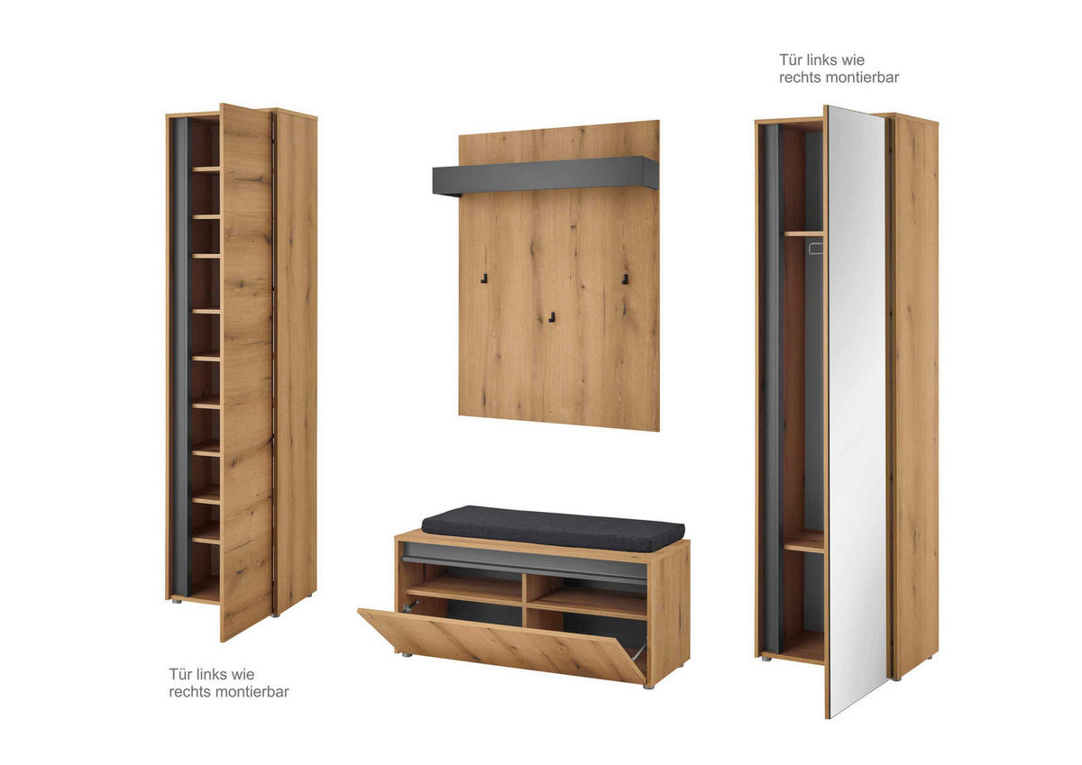 GARDEROBE 5-teilig  in 230/200/40 cm  - Eichefarben/Anthrazit, Design, Glas/Holzwerkstoff (230/200/40cm) - Modante