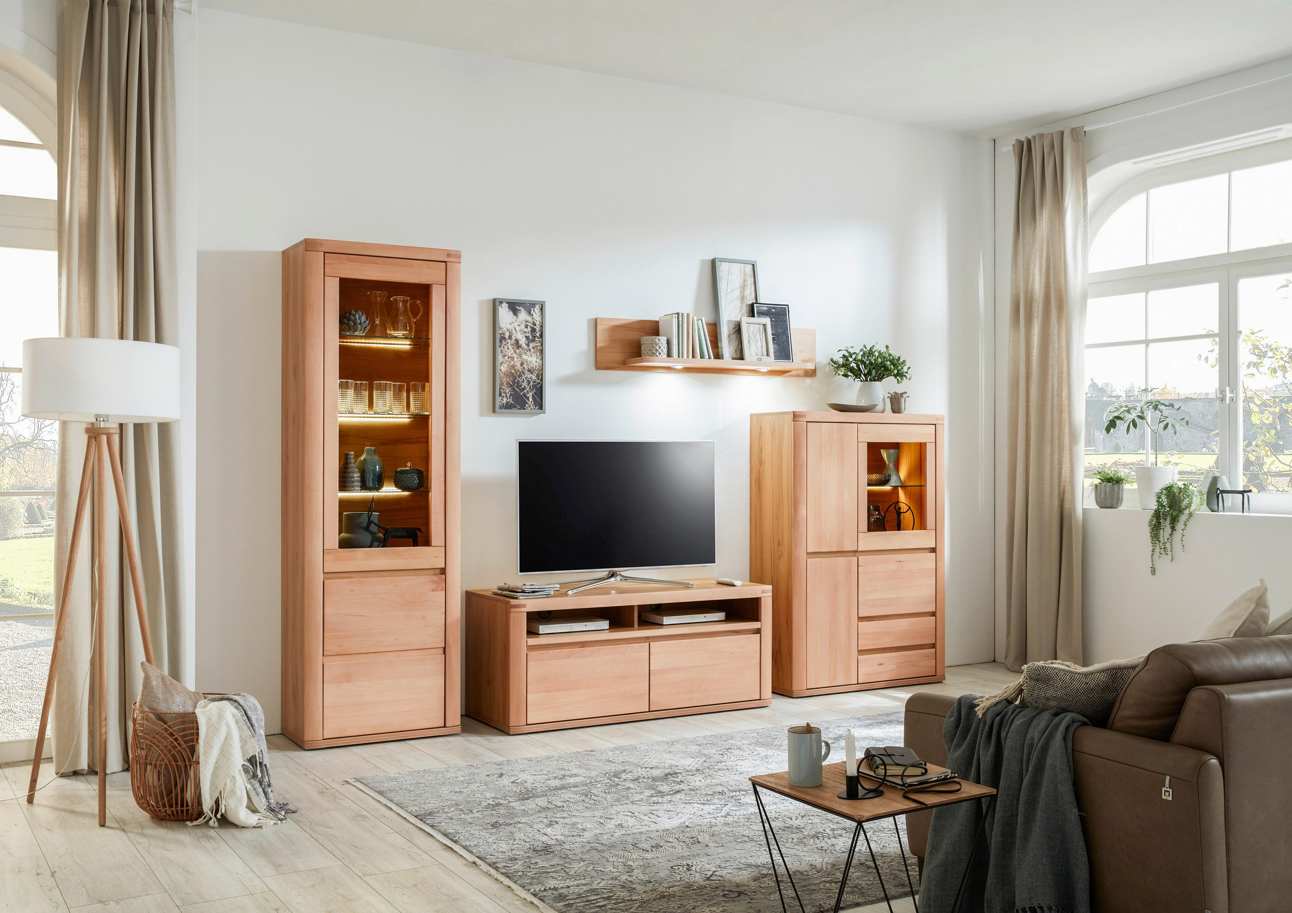 HIGHBOARD  in 99/140/38 cm  - Kernbuche/Grau, KONVENTIONELL, Glas/Holz (99/140/38cm) - Voleo