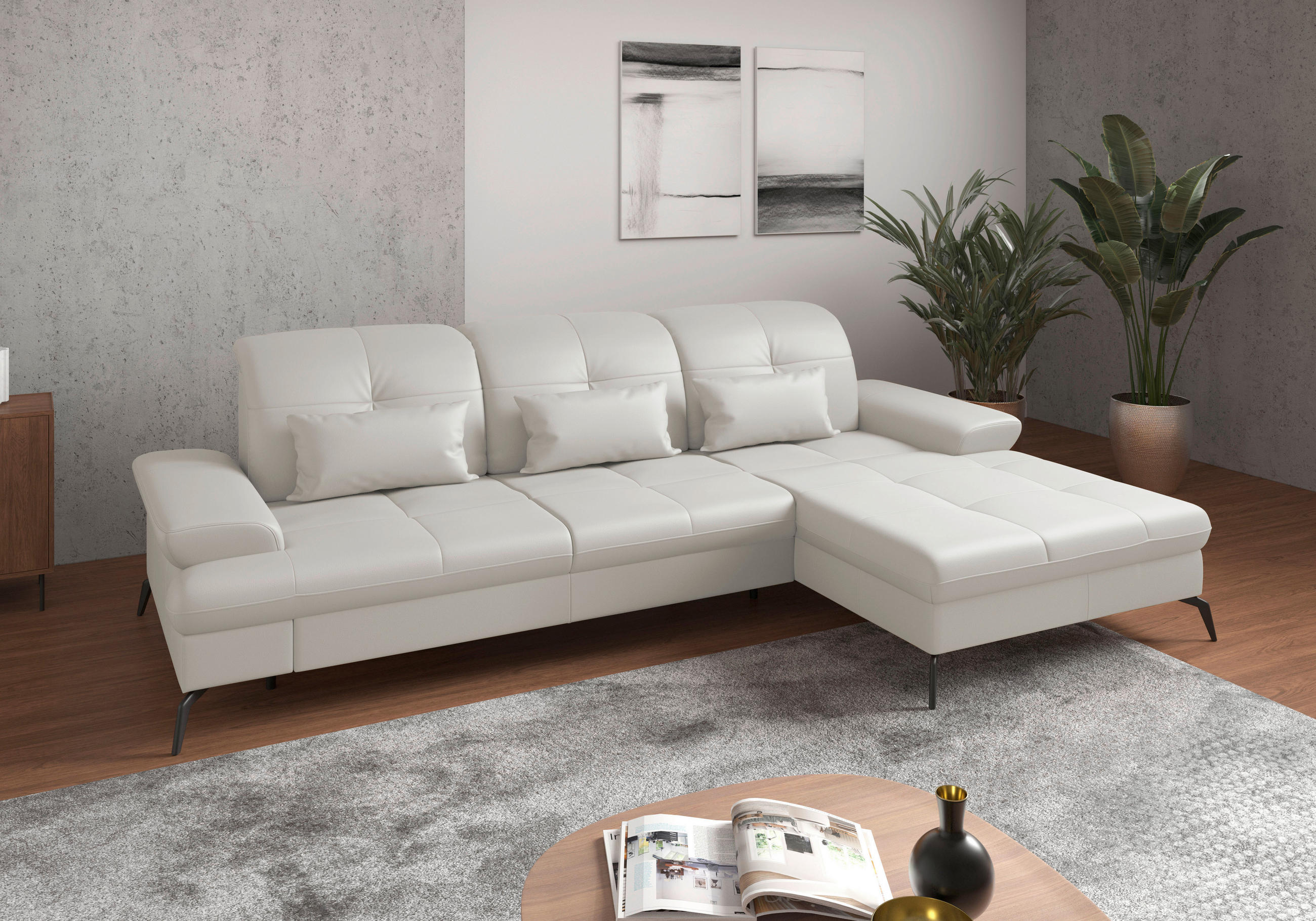 ECKSOFA Weiß Kombination Echtleder/Stoff Vliesstoff Armteilverstellung, Kopfteilverstellung, Sitztiefenverstellung  - Schwarz/Weiß, KONVENTIONELL, Leder/Textil (279/185cm) - Sit & More