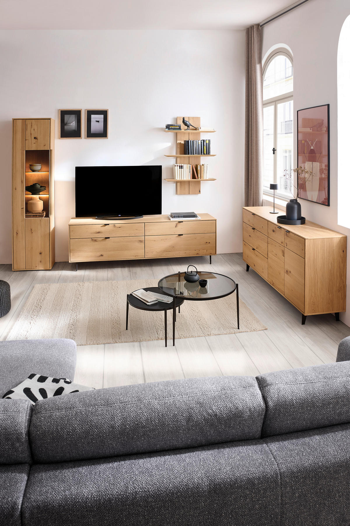 WOHNWAND  in Eichefarben 267/205/50 cm  - Eichefarben/Schwarz, Natur, Glas/Holz (267/205/50cm) - Cantus