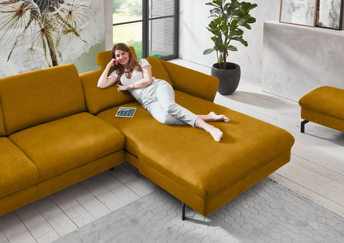 ECKSOFA in Velours Currygelb  - Currygelb/Schwarz, Design, Textil/Metall (306/179cm) - Beldomo System