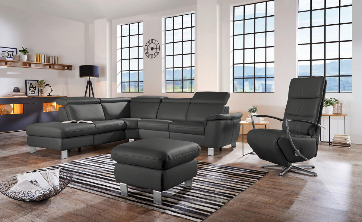 ECKSOFA in Echtleder Anthrazit  - Anthrazit/Alufarben, Design, Leder/Metall (239/271cm) - Cantus