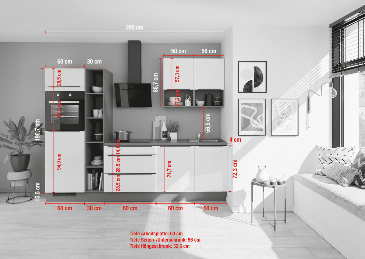 KÜCHENBLOCK 280 cm   in Braun  - Eichefarben/Schwarz, Design, Holzwerkstoff/Metall (280cm) - Impuls