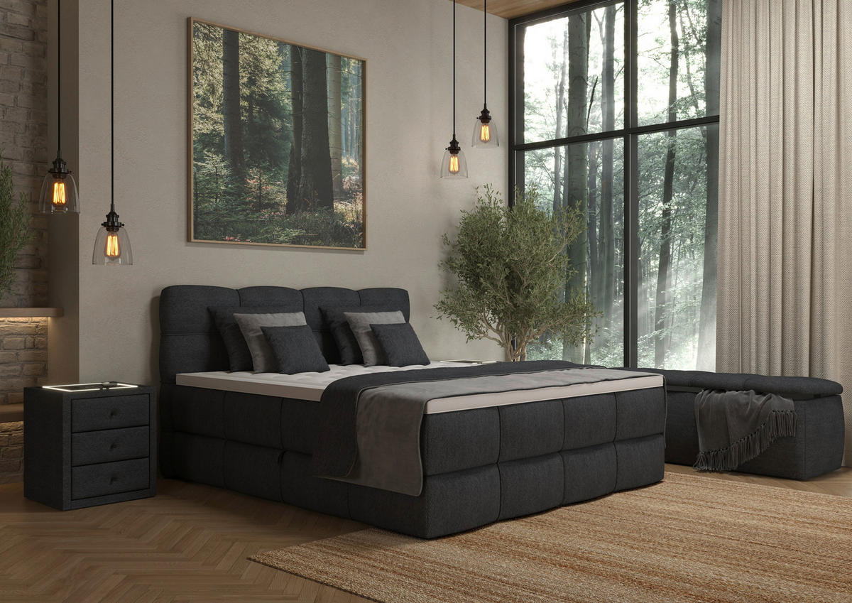 BOXSPRINGBETT 180/200 cm,  in Dunkelgrau, gepolstertes Kopfteil, Bettkasten, Topper, Matratzen, H3 + H3 = fest  - Dunkelgrau/Schwarz, Design, Kunststoff/Textil (180/200cm) - Chameo