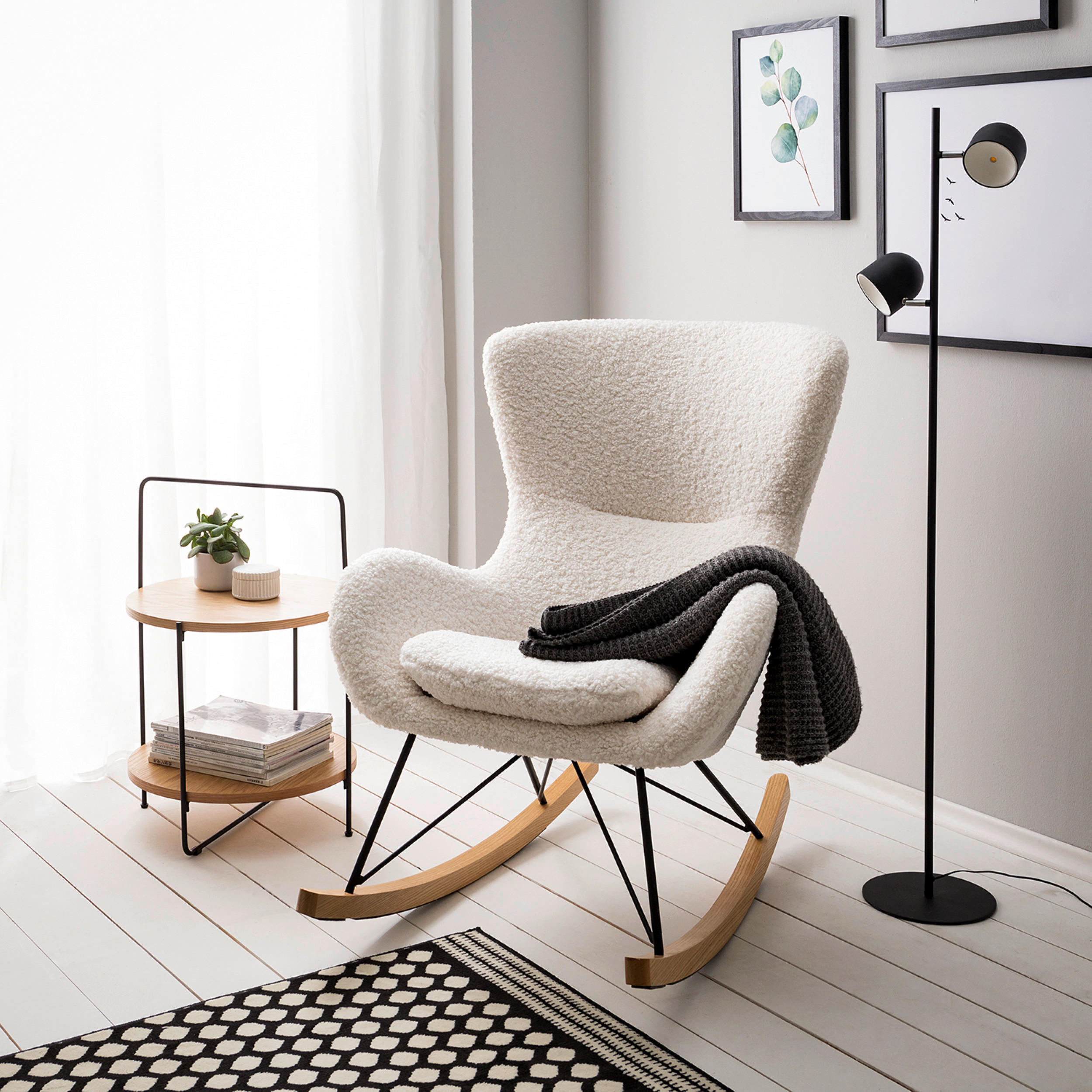 GUNGFÅTÖLJ i teddy tyg vit  - vit/svart, Modern, metall/trä (76/103/100cm) - home24