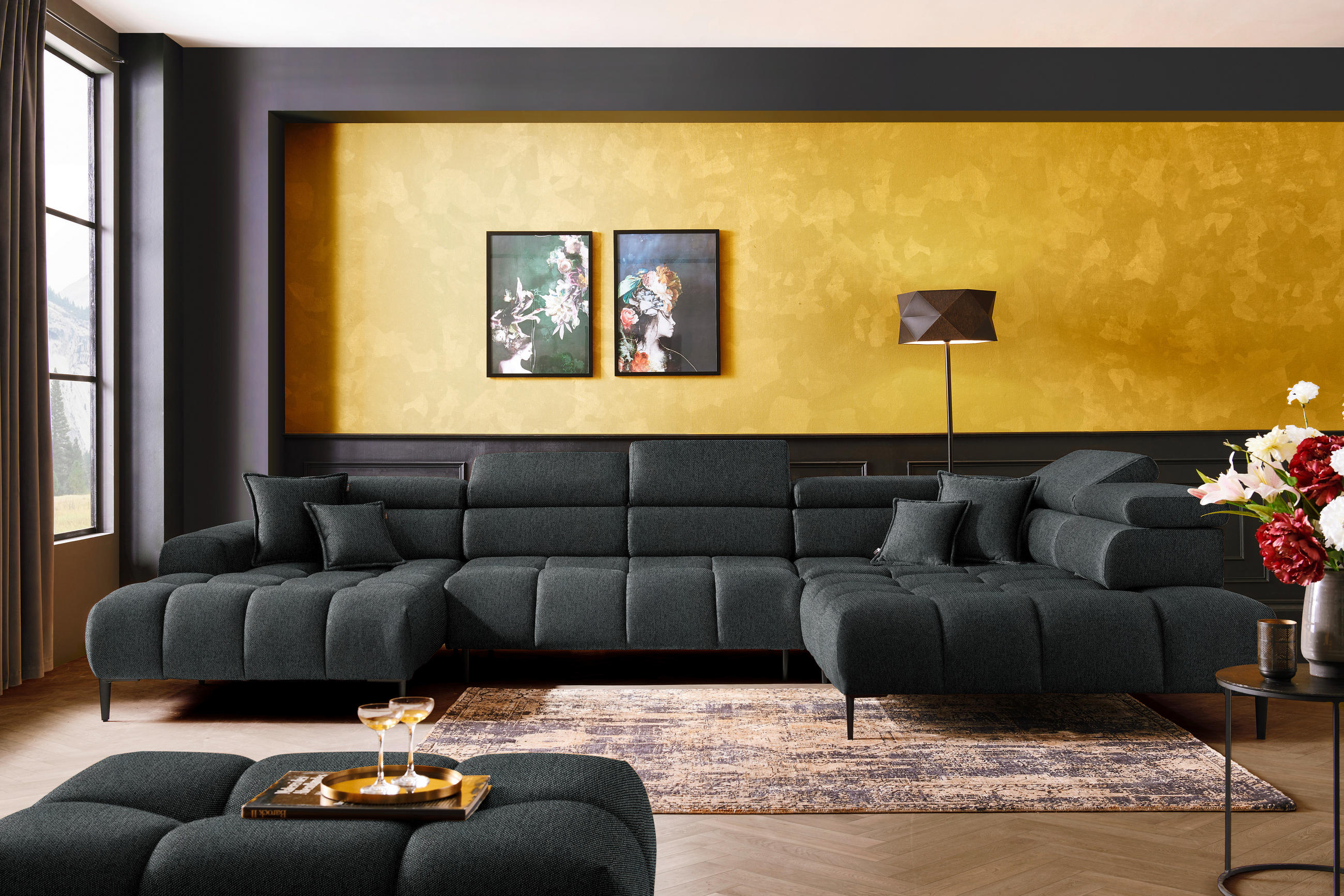 WOHNLANDSCHAFT in Webstoff Graphitfarben  - Schwarz/Graphitfarben, Design, Textil/Metall (177/385/216cm) - Welnova