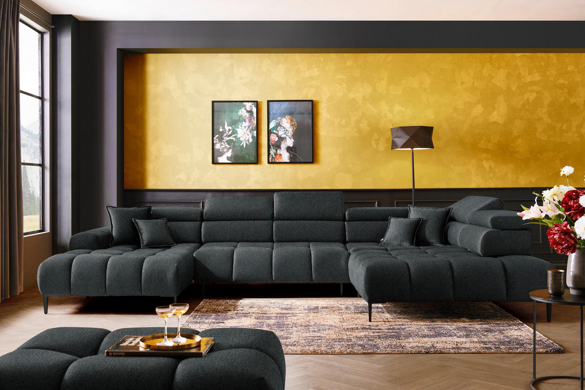 WOHNLANDSCHAFT in Webstoff Graphitfarben  - Schwarz/Graphitfarben, Design, Textil/Metall (177/385/216cm) - Welnova