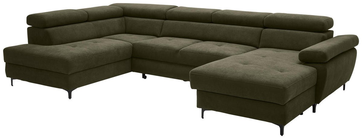 WOHNLANDSCHAFT inkl. Funktion Dunkelgrün Flachgewebe  - Dunkelgrün/Schwarz, MODERN, Textil/Metall (206/333/180cm) - Stylife