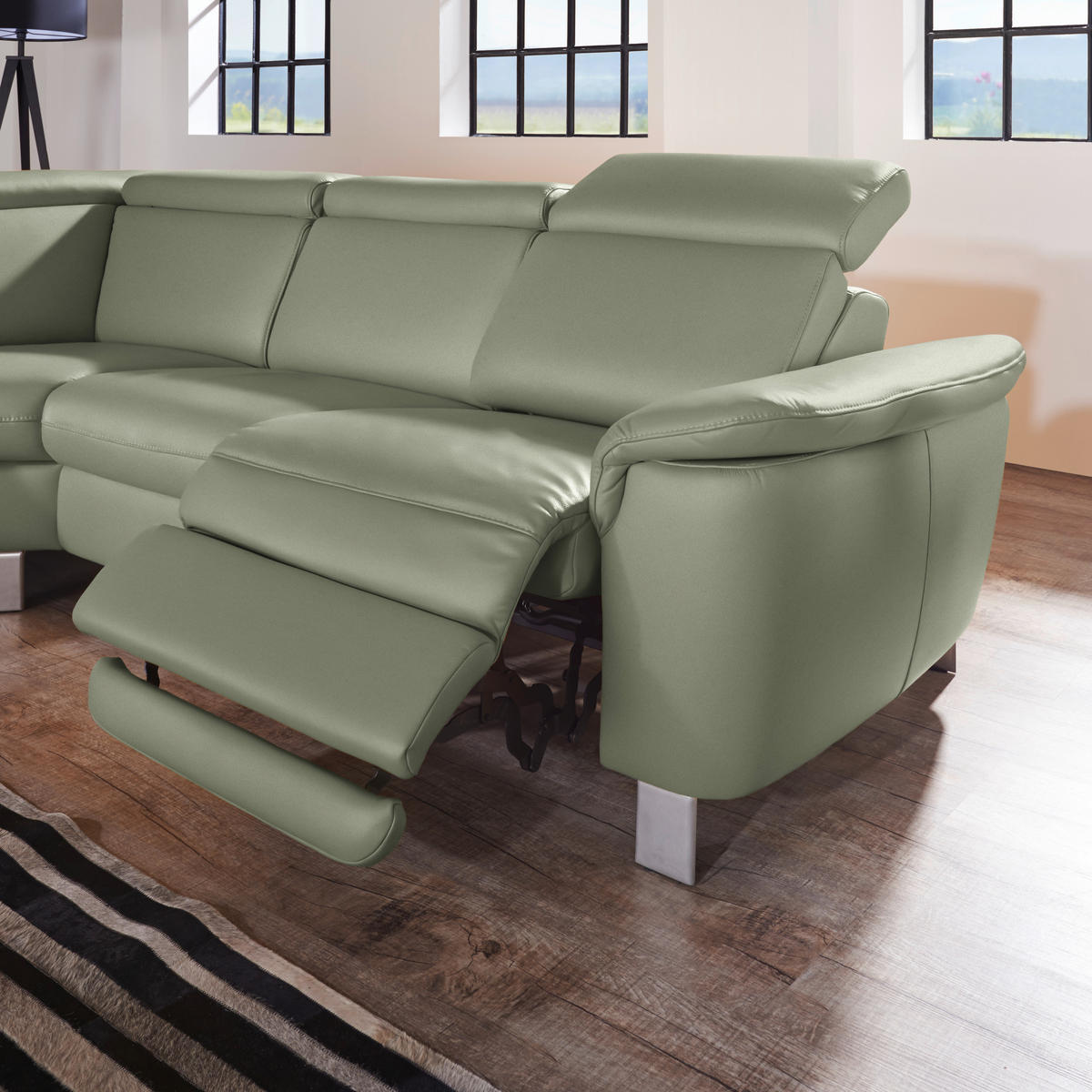 ECKSOFA in Echtleder Grün  - Alufarben/Grün, Design, Leder/Metall (239/271cm) - Cantus