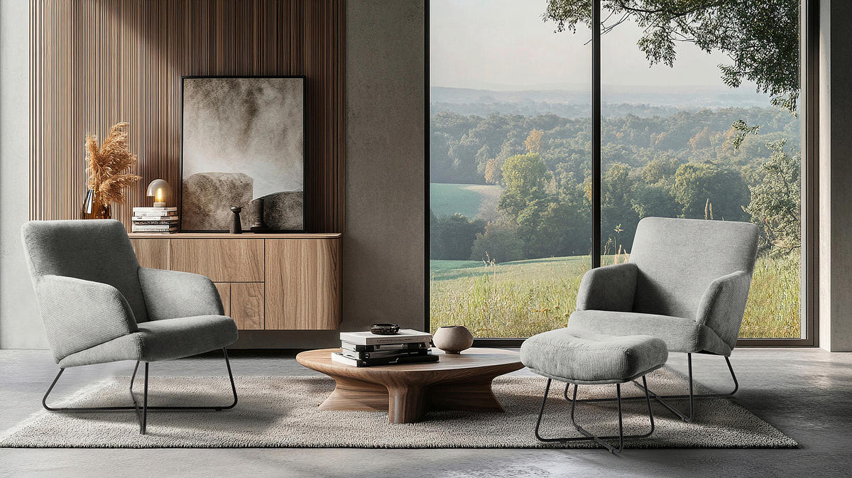 SESSELSET in Chenille Grau  - Schwarz/Weiß, Design, Textil/Metall (67/87/74cm) - Livetastic