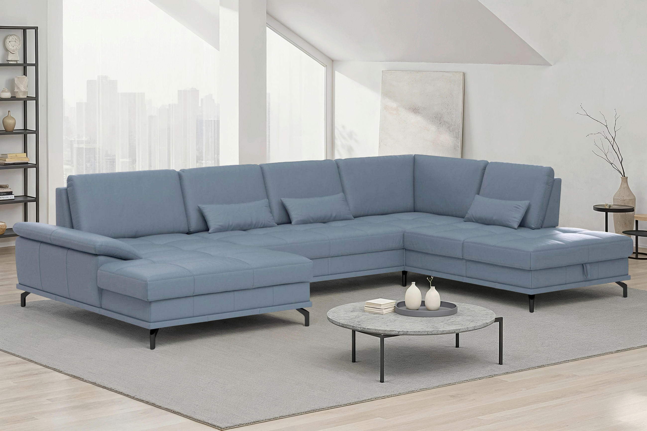 WOHNLANDSCHAFT COSTELLO E Graublau Echtleder  - Graublau/Schwarz, Basics, Leder/Metall (176/363/223cm) - Sit & More