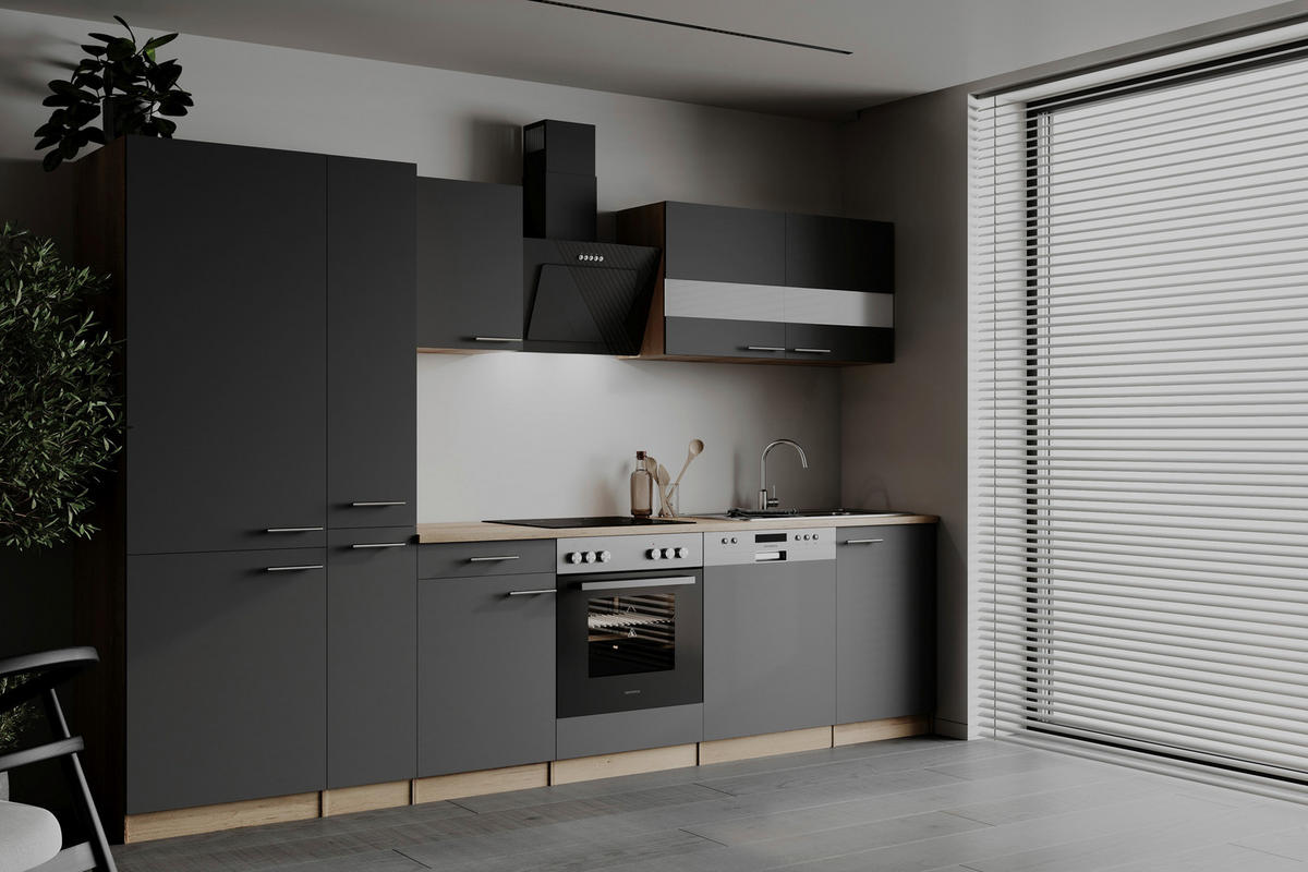 KÜCHENBLOCK 310 cm   in Grau  - Edelstahlfarben/Eichefarben, Basics, Holzwerkstoff/Metall (310cm) - Respekta