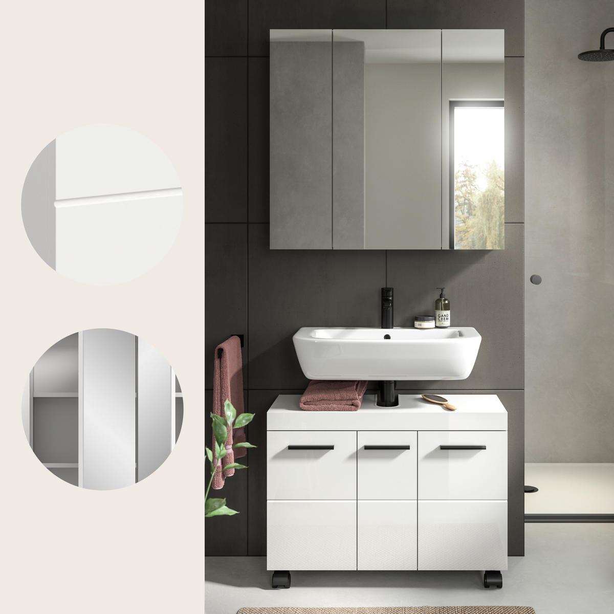 BADEZIMMER 2-teilig  in 82 cm  - Weiß Hochglanz/Schwarz, Trend, Glas/Holzwerkstoff (82cm) - MID.YOU