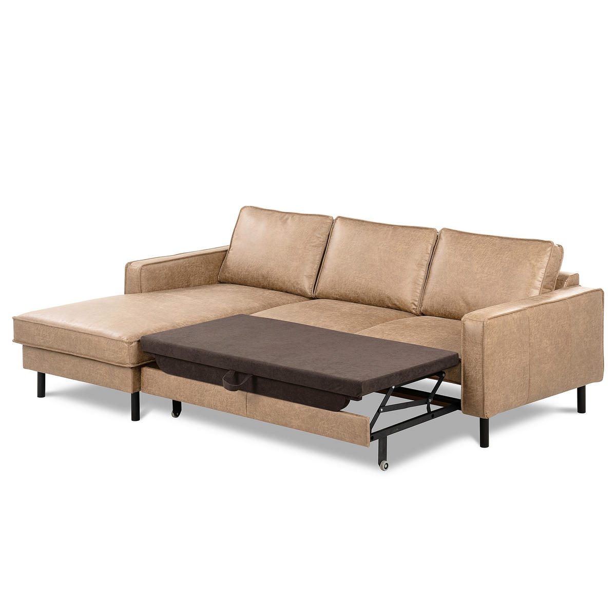 ECKSOFA Sandfarben Echtleder Lederlook Bettkasten, Schlaffunktion, Rücken echt  - Sandfarben/Schwarz, Design, Leder/Textil (166/238cm) - Livetastic