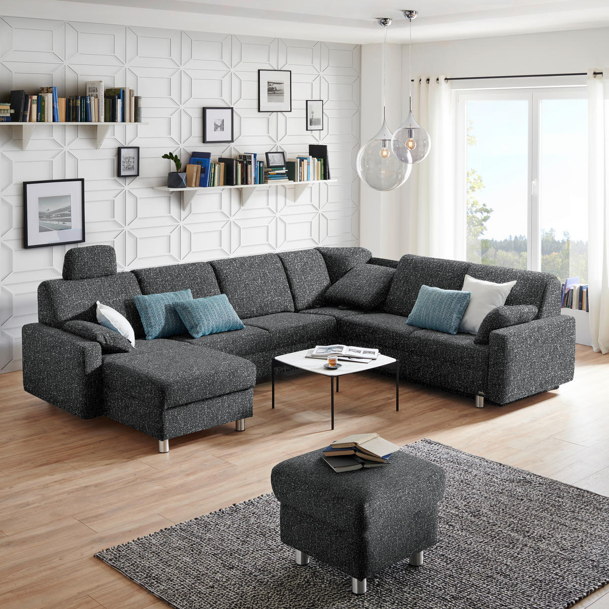 WOHNLANDSCHAFT  in Mikrovelours Anthrazit  - Anthrazit/Alufarben, KONVENTIONELL, Kunststoff/Textil (158/322/236cm) - Sedda