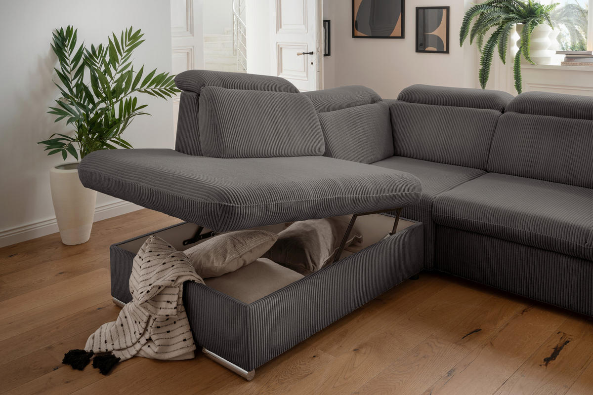 ECKSOFA Grau Cord  - Chromfarben/Grau, Design, Textil/Metall (228/283cm) - Livetastic