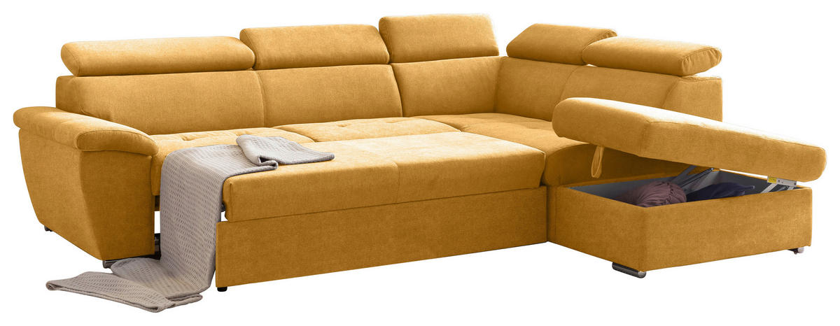 ECKSOFA Currygelb Chenille  - Chromfarben/Currygelb, Design, Textil/Metall (262/216cm) - Livetastic