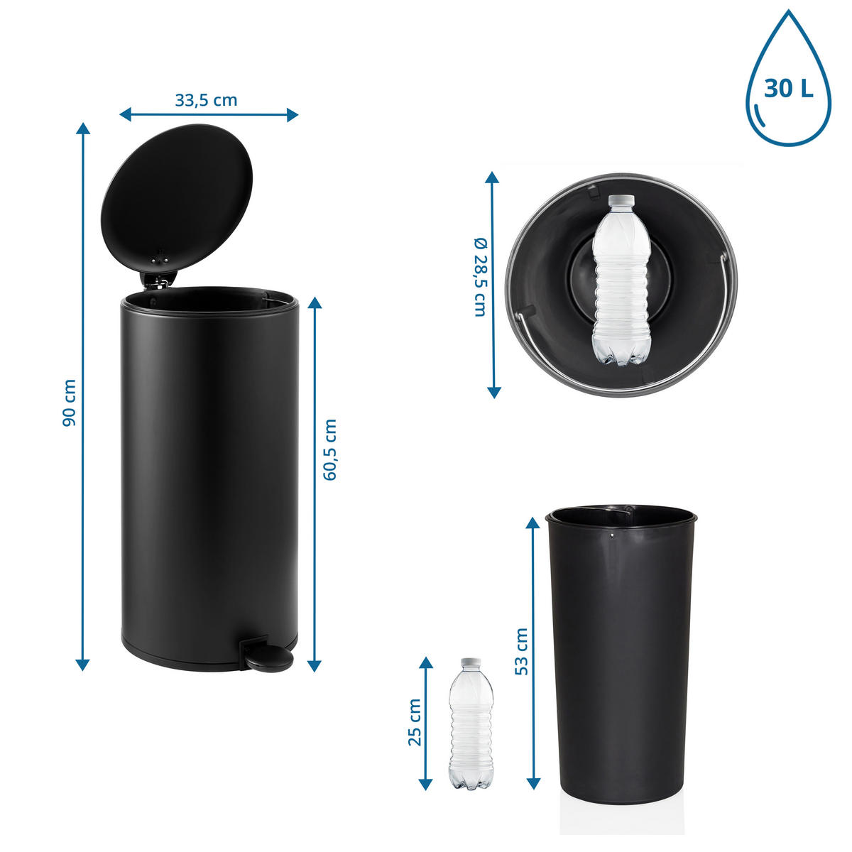 ABFALLEIMER 30 l  Metall  - Schwarz, MODERN, Kunststoff/Metall (33,5/60,5/29cm) - MID.YOU