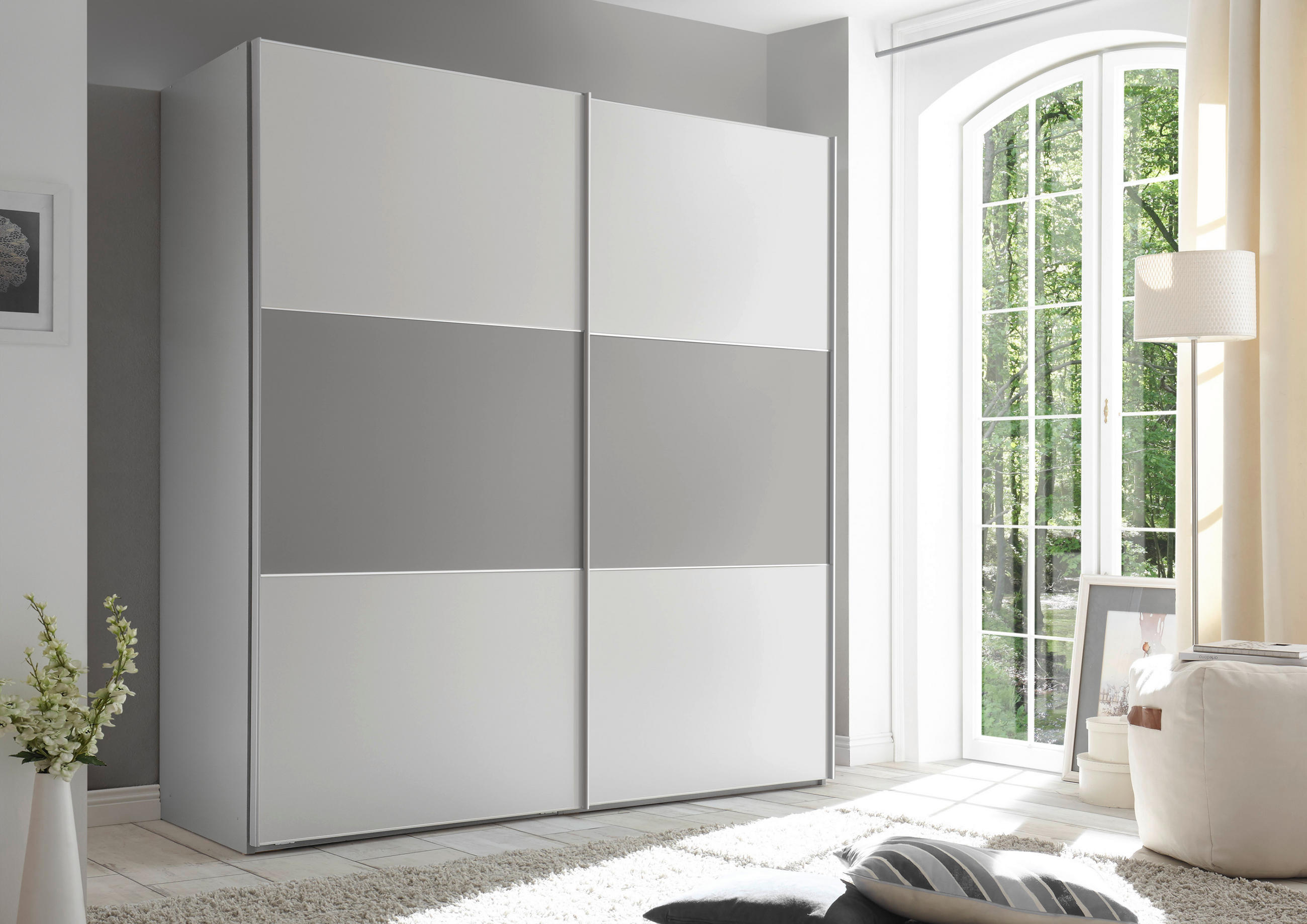 SCHWEBETÜRENSCHRANK in Weiss, Hellgrau  - Weiss/Hellgrau, Holzwerkstoff/Metall (167/222/68cm) - Moderano
