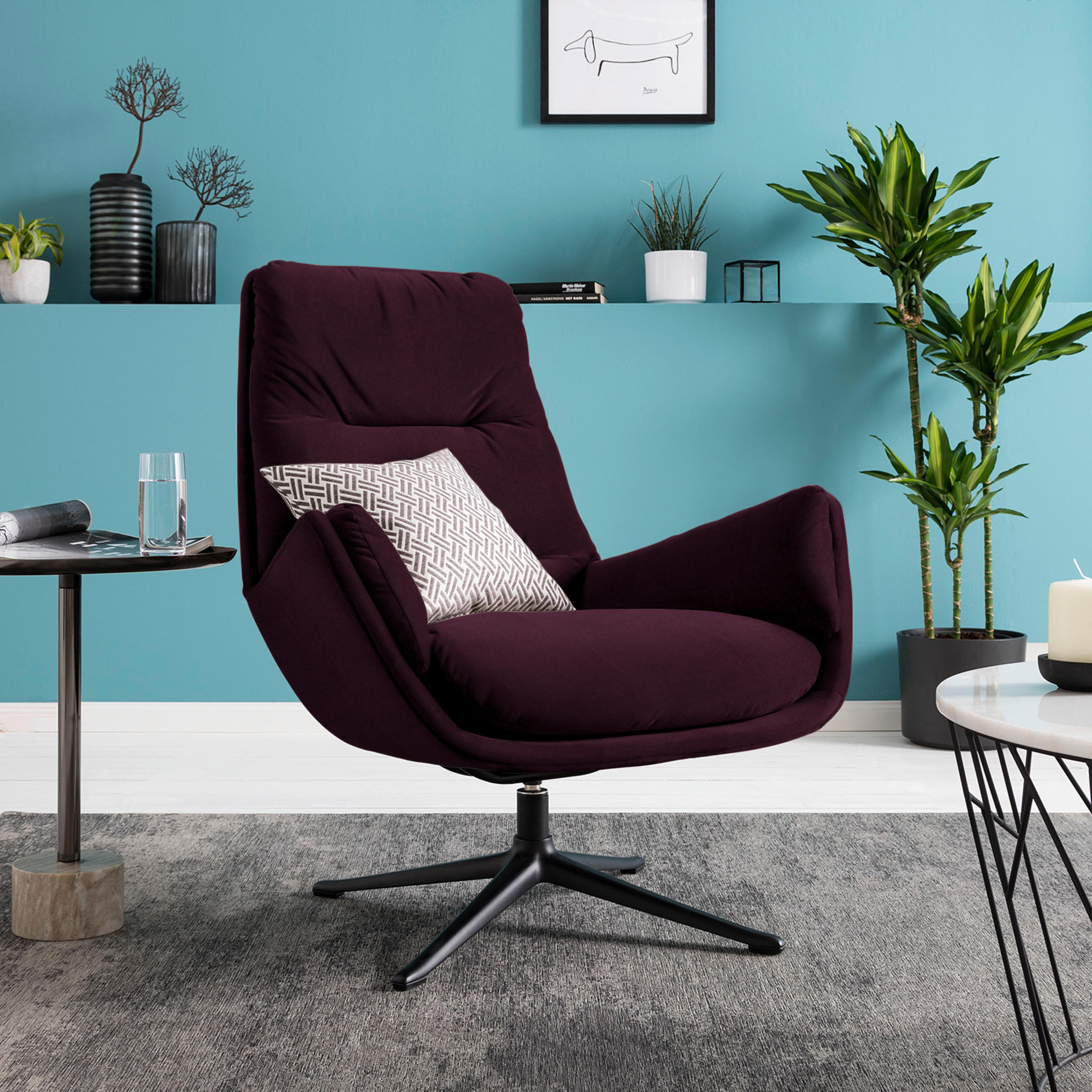SESSEL in Samt Brombeere  - Brombeere/Schwarz, Design, Textil/Metall (83/94/97cm) - home24