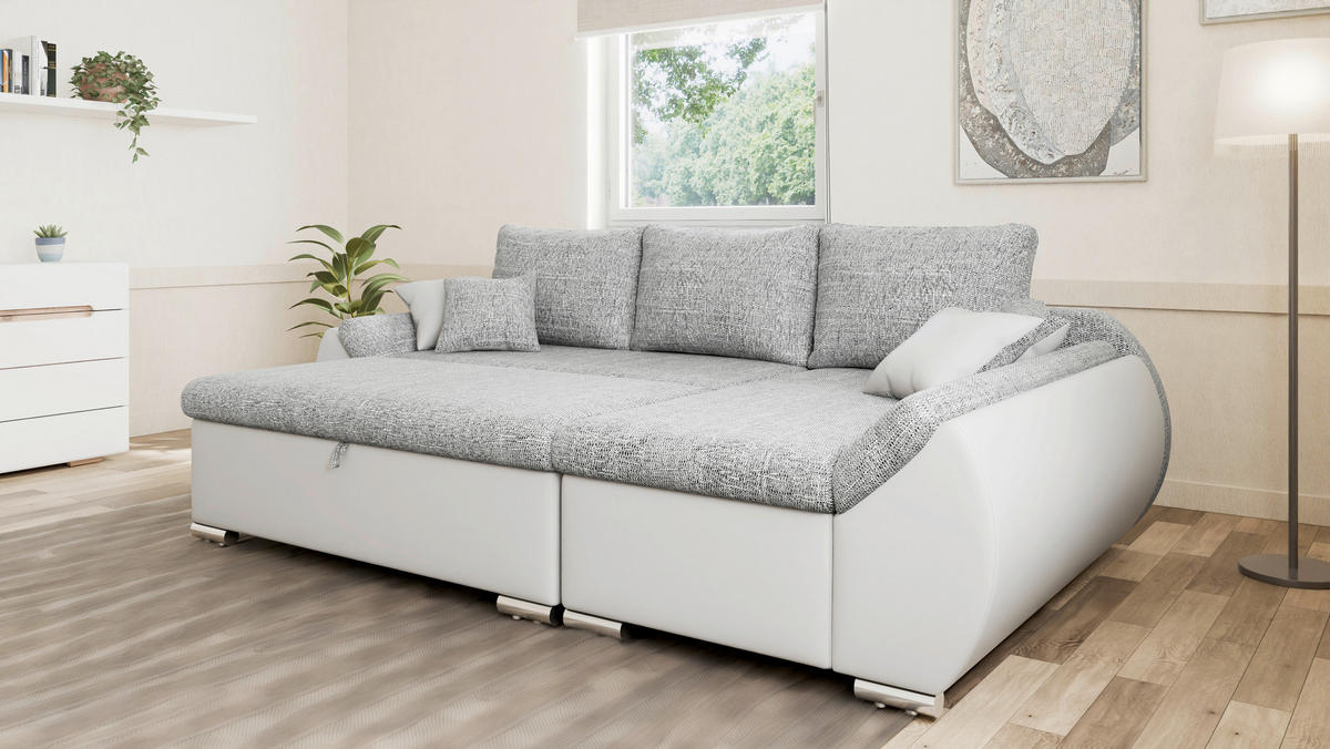 ECKSOFA  AURO Grau, Weiß  - Silberfarben/Weiß, Design, Kunststoff/Textil (275/155cm) - MID.YOU