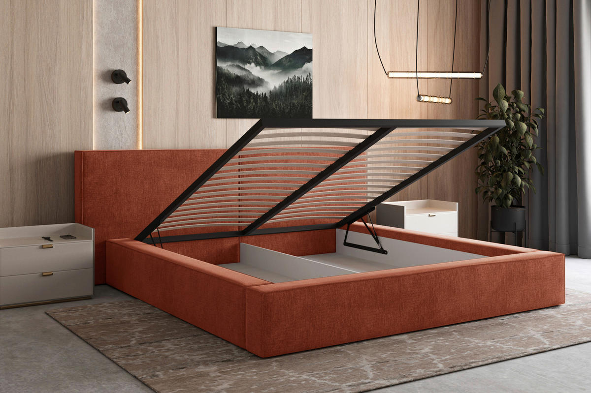 POLSTERBETT 140/200 cm,  in Terracotta, Bettkasten,  - Terracotta/Schwarz, MODERN, Holz (140/200cm) - MID.YOU
