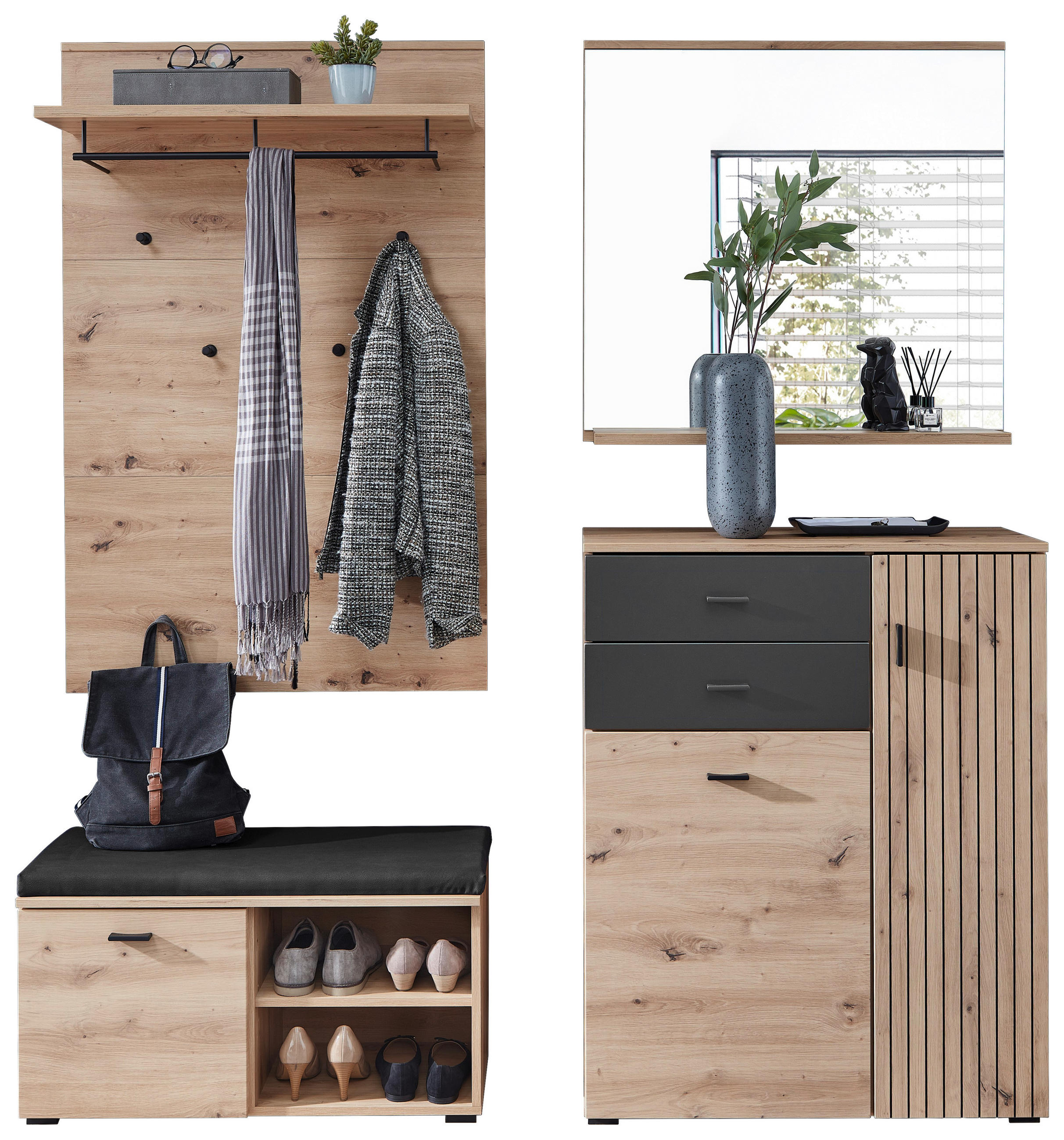 Voleo Garderobe Schwarz, Eiche Artisan 183x202x38 cm