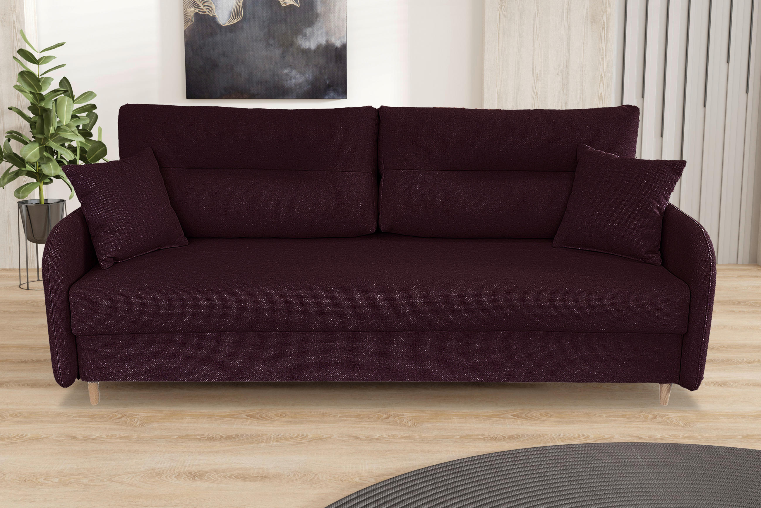 SCHLAFSOFA Flachgewebe Aubergine  - Aubergine/Schwarz, Design, Holz/Kunststoff (206/88/93cm) - MID.YOU