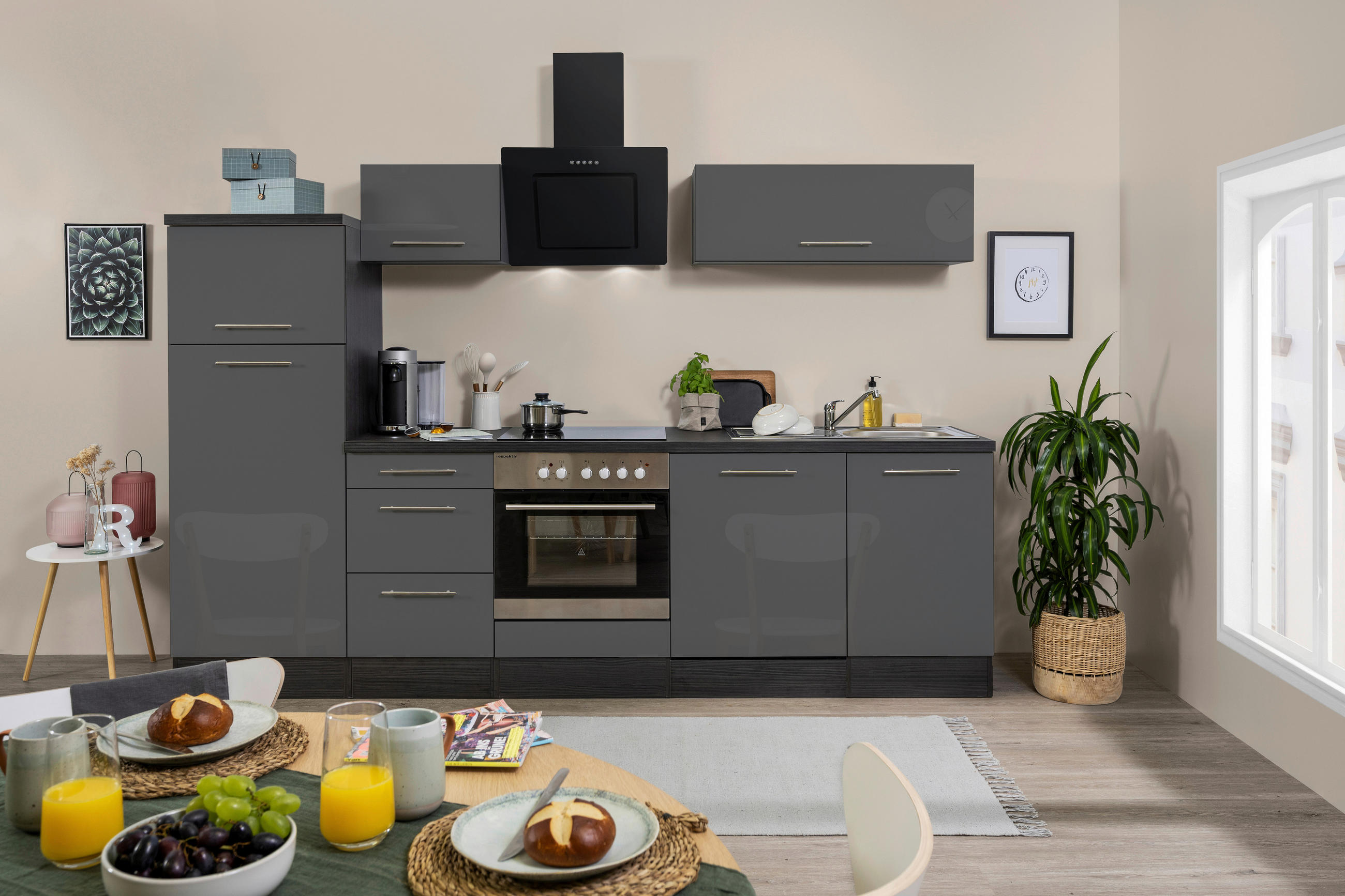 KÜCHENBLOCK 280 cm Grau E-Geräte, Spüle, Soft-Close-System, Geschirrspüler, Kühlgefrierkombination, Geschirrspülerblende, Dunstabzug, Ab- und Überlaufgarnitur - Eichefarben/Grau, KONVENTIONELL (280cm) - Respekta