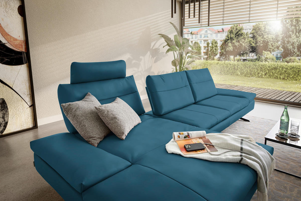 ECKSOFA in Echtleder Hellblau  158/342 cm  - Schwarz/Hellblau, MODERN, Leder/Metall (158/342cm) - Chilliano