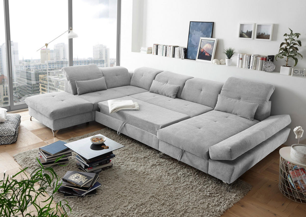 WOHNLANDSCHAFT in Mikrovelours Hellgrau  - Silberfarben/Hellgrau, Modern, Textil/Metall (245/350/168cm) - MID.YOU