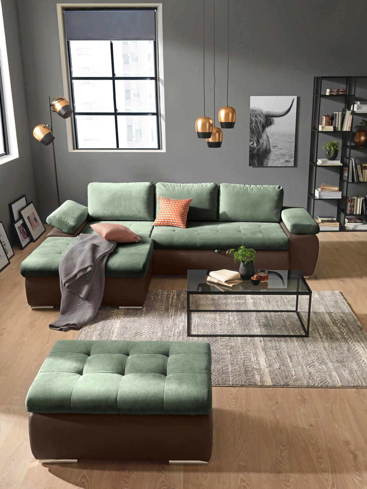 ECKSOFA in Flachgewebe Braun, Olivgrün  - Braun/Olivgrün, Design, Kunststoff/Textil (175/271cm) - MID.YOU
