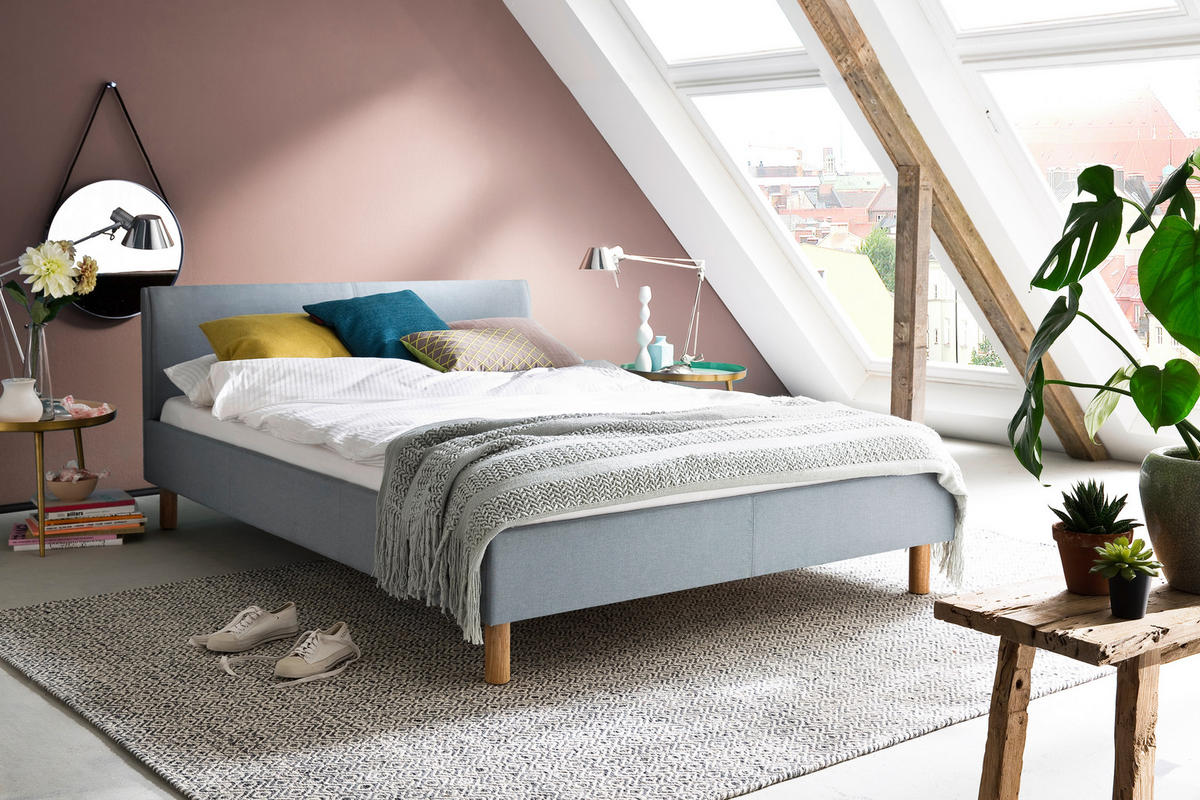 KÁRPITOZOTT ÁGY 140/200 cm  világoskék  - tölgyfa színű/világoskék, Design, textil/fa (140/200cm) - Livetastic