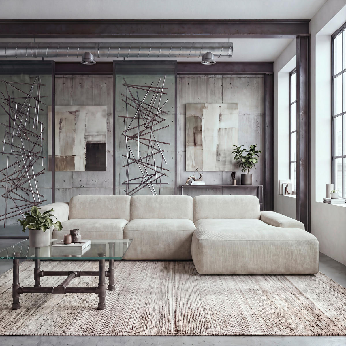 ECKSOFA HANNAH Beige Cord  - Beige/Schwarz, Design, Kunststoff/Textil (343/170cm) - MID.YOU