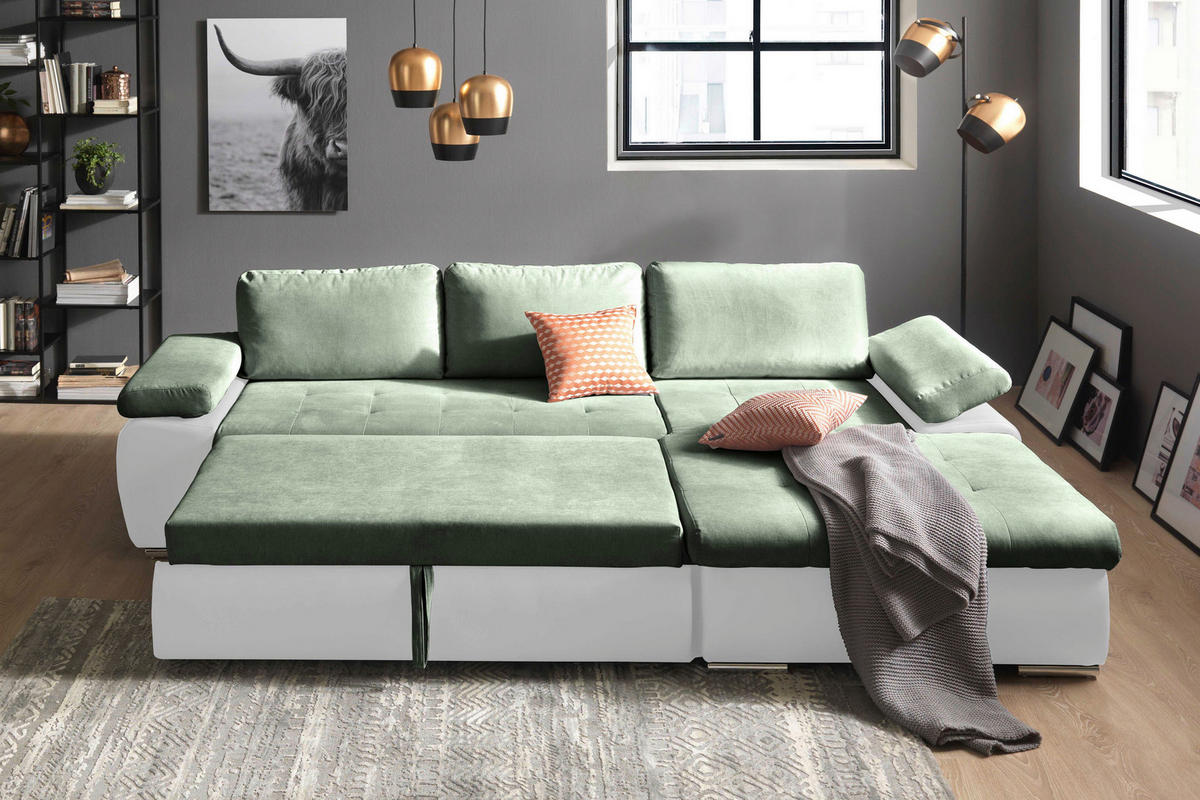 ECKSOFA in Flachgewebe Weiss, Olivgrün  - Weiss/Olivgrün, Design, Kunststoff/Textil (271/175cm) - MID.YOU